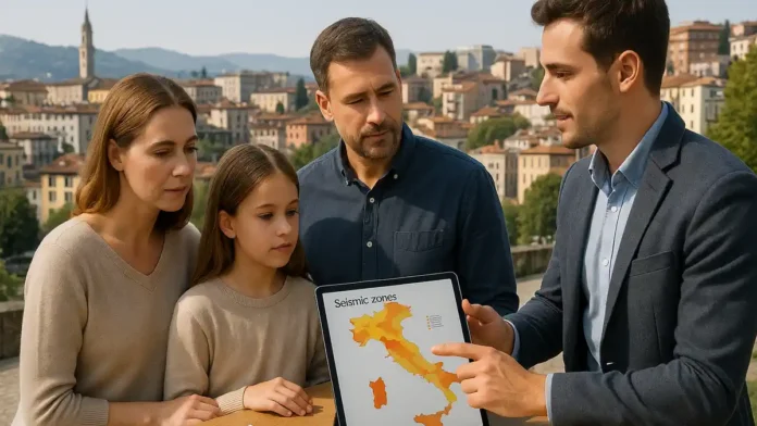 zemletryaseniya-v-italii-2025-analitika Землетрясения в Италии – карта рисков и спокойное объяснение для русскоязычных жителей Широкий вид на итальянский город с холмистым ландшафтом и современными домами, поверх которого условно показана диаграмма сейсмической активности – ощущение анализа, а не катастрофы