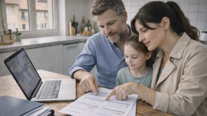 assegno-unico-2026-kalendar-italia Assegno Unico 2026 Италия календарь выплат Семья в Италии проверяет календарь выплат и документы ISEE, спокойная домашняя сцена.