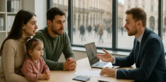 Работа в Италии 2025: безработица 6 процентов, молодежь 19,8 процента — что это значит для мигрантов и их детей Молодая семья мигрантов обсуждает работу с консультантом в офисе службы занятости в Италии Молодая пара мигрантов с ребенком сидит за столом у консультанта в современном офисе службы занятости, на заднем плане виден вид на итальянский город и графики занятости.