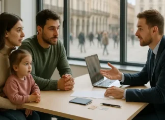 Работа в Италии 2025: безработица 6 процентов, молодежь 19,8 процента — что это значит для мигрантов и их детей Молодая семья мигрантов обсуждает работу с консультантом в офисе службы занятости в Италии Молодая пара мигрантов с ребенком сидит за столом у консультанта в современном офисе службы занятости, на заднем плане виден вид на итальянский город и графики занятости.