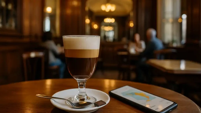 Бичерин в Турине в стеклянном бокале на столике исторического кафе горячего напитка бичерин в Турине на деревянном столике исторического кафе, на первом плане стеклянный бокал с тремя слоями шоколада, кофе и молочной пенки, рядом лежит блюдце с ложкой и кусочком шоколада, на фоне мягко размытый