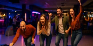 Развлечения в Турине: боулинг, бильярд, игровые клубы и казино рядом Группа друзей европейской внешности играет в боулинг в современном развлекательном центре Турина, рядом другие дорожки, бар и светящиеся неоновые огни.