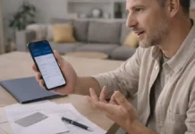 Блокировка банковского счета в Италии в 2025-2026: причины, что делать и как быстро разблокировать Блокировка банковского счета в Италии и проверка документов банка проверки банковских документов в Италии: человек держит телефон с банковским приложением рядом на столе конверт, выписка без текста и банковская карта без цифр, спокойный дневной свет, атмосфера "решаем проблему"