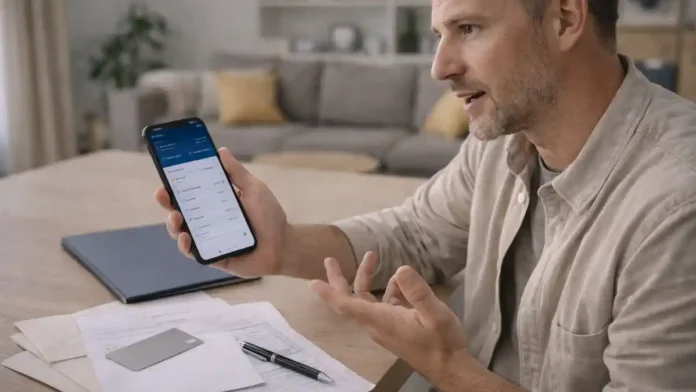 Блокировка банковского счета в Италии и проверка документов банка проверки банковских документов в Италии: человек держит телефон с банковским приложением рядом на столе конверт, выписка без текста и банковская карта без цифр, спокойный дневной свет, атмосфера "решаем проблему"