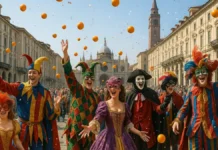 Карнавалы Турина и Пьемонта 2025 — полный гид по праздникам масок и апельсинов Шествие карнавала в Турине и Пьемонте с масками и апельсинами кадр карнавального шествия в Турине и Пьемонте: люди в красочных костюмах и масках идут по исторической площади, в воздухе летят конфетти и апельсины, на заднем плане старинные итальянские здания.