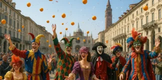 Карнавалы Турина и Пьемонта 2025 — полный гид по праздникам масок и апельсинов Шествие карнавала в Турине и Пьемонте с масками и апельсинами кадр карнавального шествия в Турине и Пьемонте: люди в красочных костюмах и масках идут по исторической площади, в воздухе летят конфетти и апельсины, на заднем плане старинные итальянские здания.