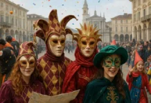 Фотографии карнавалов Турина и Пьемонта (2008–2024) — живой архив праздников Коллаж из фотографий карнавалов Турина и Пьемонта за 2008–2024 годы несколько сцен карнавалов Турина и Пьемонта, люди в масках и костюмах, кадры апельсиновой битвы в Ивреа и детских шествий, на заднем плане исторические здания и площади региона.