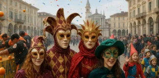 Фотографии карнавалов Турина и Пьемонта (2008–2024) — живой архив праздников Коллаж из фотографий карнавалов Турина и Пьемонта за 2008–2024 годы несколько сцен карнавалов Турина и Пьемонта, люди в масках и костюмах, кадры апельсиновой битвы в Ивреа и детских шествий, на заднем плане исторические здания и площади региона.