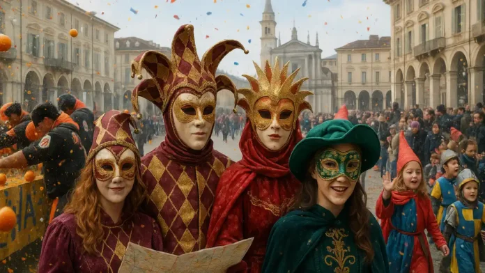 Коллаж из фотографий карнавалов Турина и Пьемонта за 2008–2024 годы несколько сцен карнавалов Турина и Пьемонта, люди в масках и костюмах, кадры апельсиновой битвы в Ивреа и детских шествий, на заднем плане исторические здания и площади региона.