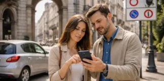 Что нельзя делать в Италии: реальные запреты, штрафы и правила для туристов и жителей в 2026 Что нельзя делать в Италии: запреты, штрафы, ZTL и правила для туристов Городская сцена в Италии, водитель и туристы у исторического центра, спокойная атмосфера