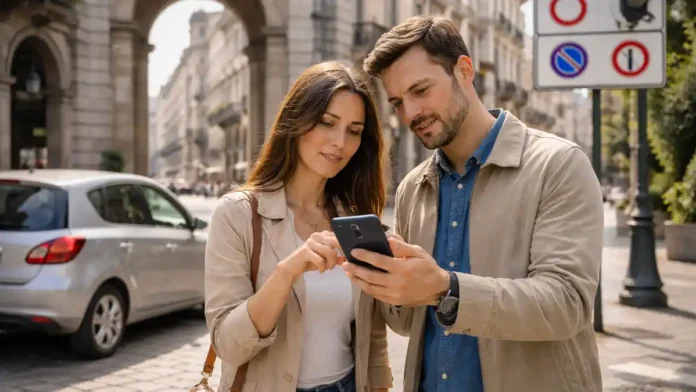 Что нельзя делать в Италии: запреты, штрафы, ZTL и правила для туристов Городская сцена в Италии, водитель и туристы у исторического центра, спокойная атмосфера