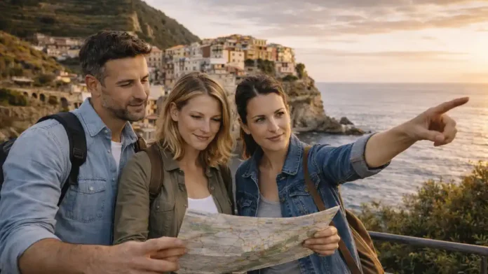 Чинкве-Терре 2026 - национальный парк и пять деревень на побережье ЛигурииПанорамный вид на побережье Чинкве-Терре с террасами виноградников, морем и прогулочной тропой, атмосфера путешествия без толпы