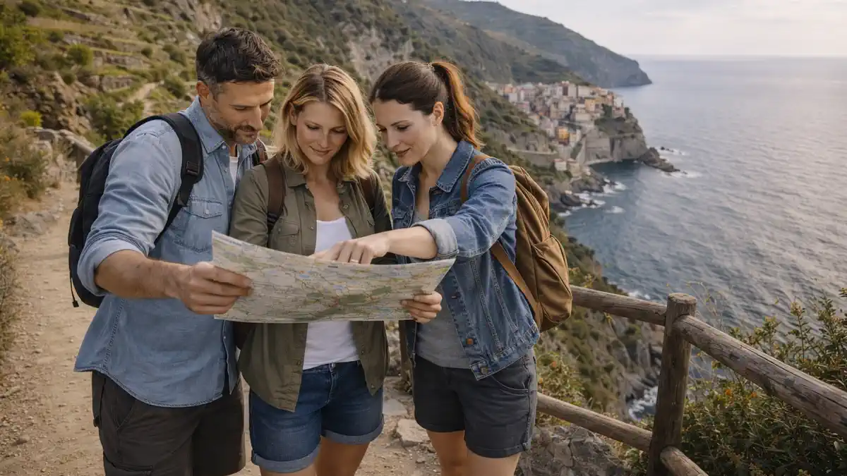 Лигурия, Чинкве-Терре: панорамная смотровая точка над морем, террасные виноградники и тропа вдоль скал, вдалеке цветные дома одной из деревень без читаемых вывесок. На переднем плане 3 путешественника 25-45 лет современные европейские славянские лица