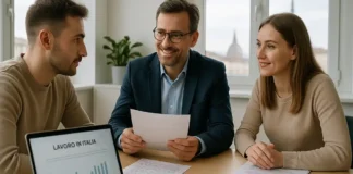 Decreto Flussi и рабочие квоты в Италии 2025-2027: как это работает и кому подходит Рабочие квоты по decreto flussi в Италии - мигранты и консультант в Турине обсуждают документы в современном офисе в Турине за столом сидят миграционный консультант и двое клиентов с папками документов, на ноутбуке открыт сайт с надписью «Decreto Flussi Italia» без читаемого текста, на заднем плане окно с силуэтом Моле Антонеллиана.