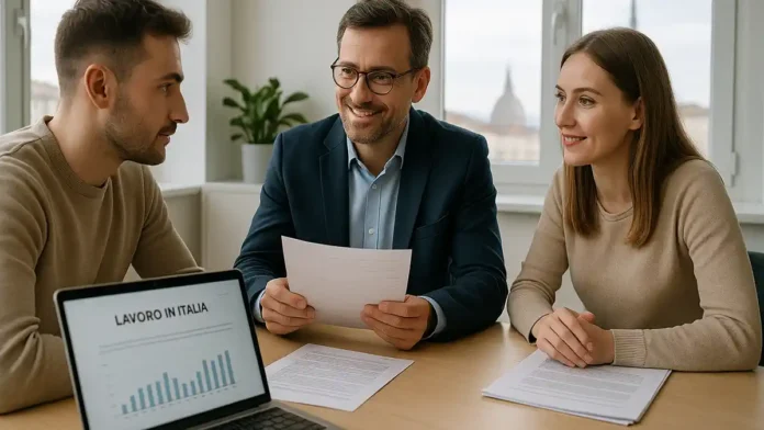 decreto-flussi-italia-turin Рабочие квоты по decreto flussi в Италии - мигранты и консультант в Турине обсуждают документы в современном офисе в Турине за столом сидят миграционный консультант и двое клиентов с папками документов, на ноутбуке открыт сайт с надписью «Decreto Flussi Italia» без читаемого текста, на заднем плане окно с силуэтом Моле Антонеллиана.