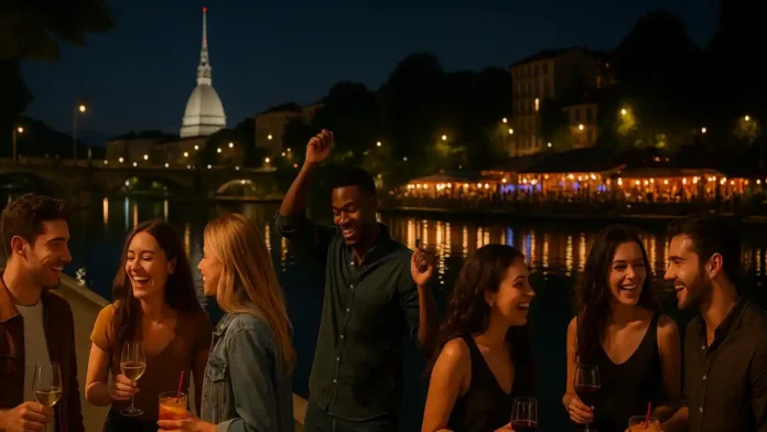 diskoteka-nochnoi-club-v-turine Ночные клубы Турина, бары и ночная жизнь у реки По и в центре города Фотореалистичный вид ночной жизни Турина: у реки По светятся клубы и бары, на переднем плане молодые люди с коктейлями и танцполом, на заднем плане огни города и силуэт Моле Антонеллиана, живое движение, естественный ночной свет