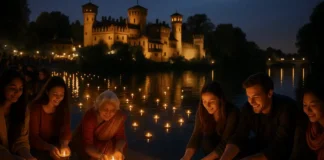 Дивали в Турине: фестиваль огней Diwali Torino 2013 в Borgo Medievale Фестиваль Дивали в Турине лампады и люди на фоне Borgo Medievale у реки По Вечерний Borgo Medievale в парке Валентино, на переднем плане люди в индийских и повседневных костюмах держат зажжённые лампады, у самой кромки реки По видны десятки плавающих огоньков. На заднем плане подсвеченные стены борго и тёмное небо. Атмосфера тёплого фестиваля