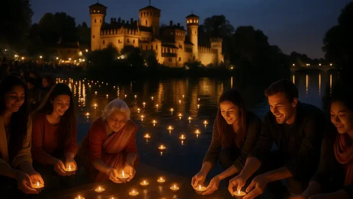 diwali-torino-festa-delle-luci Фестиваль Дивали в Турине лампады и люди на фоне Borgo Medievale у реки По Вечерний Borgo Medievale в парке Валентино, на переднем плане люди в индийских и повседневных костюмах держат зажжённые лампады, у самой кромки реки По видны десятки плавающих огоньков. На заднем плане подсвеченные стены борго и тёмное небо. Атмосфера тёплого фестиваля