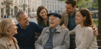 Долгожители в Италии: свежая статистика ISTAT и история 102-летнего жителя Турина Долгожители в Италии - Турин, семейная история и статистика ISTAT сцена в Турине с пожилым мужчиной и семьей, без текста и логотипов, мягкий дневной свет.