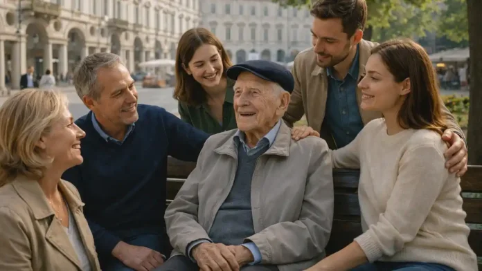Долгожители в Италии - Турин, семейная история и статистика ISTAT сцена в Турине с пожилым мужчиной и семьей, без текста и логотипов, мягкий дневной свет.