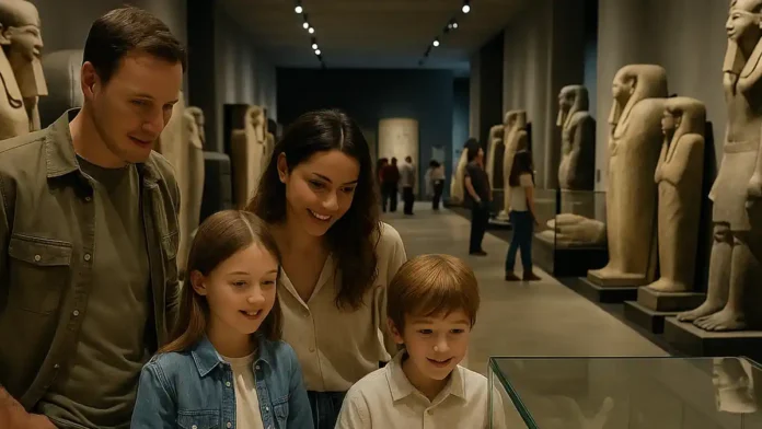 egipetskij-muzej-turin-italia Египетский музей в Турине - зал с мумиями и статуями фараонов зала Египетского музея в Турине с рядами саркофагов, статуями фараонов и мягким тёплым освещением, передающим атмосферу древних сокровищ