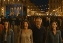 Фестивали в Италии — главный хаб: календарь, регионы, билеты и свежие обновления Фестивали в Италии - календарь событий и атмосфера города на площади вечером Вечерняя итальянская площадь, сцена фестиваля, люди, свет гирлянд, ощущение праздника без текста и логотипов