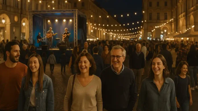 festivali-v-italii-shirik Фестивали в Италии - календарь событий и атмосфера города на площади вечером Вечерняя итальянская площадь, сцена фестиваля, люди, свет гирлянд, ощущение праздника без текста и логотипов