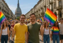 Италия, геи и LGBTQIA: права, история и гей парады в Турине Гей парад в Турине на улицах города с радужными флагами вид гей парада в центре Турина, колонна людей с радужными флагами, на заднем плане силуэт Моле Антонеллиана, тёплый солнечный день, атмосфера праздника и поддержки