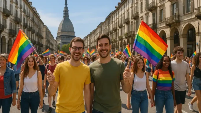 gay-pride-parade-turin-italy Гей парад в Турине на улицах города с радужными флагами вид гей парада в центре Турина, колонна людей с радужными флагами, на заднем плане силуэт Моле Антонеллиана, тёплый солнечный день, атмосфера праздника и поддержки