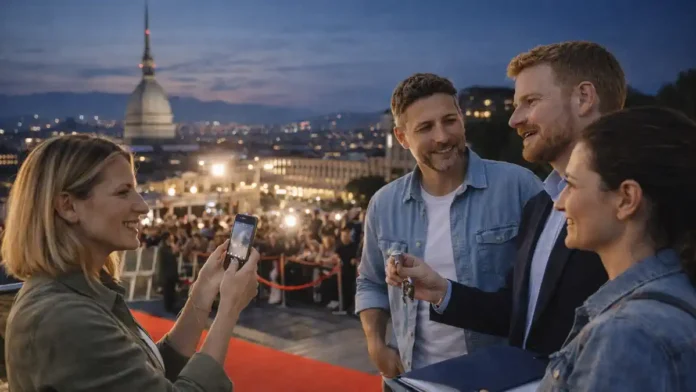 gollywood-zvezdy-turin Голливудские звезды и болельщики на фоне Моле Антонеллиана в Турине Вечерний Турин, на переднем плане люди у красной дорожки и фан-зоны, на заднем плане Моле Антонеллиана и огни города, атмосфера большого события со звёздами кино и спорта