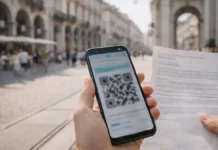 Green Pass в Италии: что это было, нужен ли в 2025 и как получить справку с QR-кодом Green Pass в Италии 2025: справка о вакцинации и QR-код в руках человек держит смартфон с размытым QR-кодом и бумажной справкой без читаемого текста, на фоне Турина, дневной свет.
