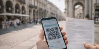 Green Pass в Италии: что это было, нужен ли в 2025 и как получить справку с QR-кодом Green Pass в Италии 2025: справка о вакцинации и QR-код в руках человек держит смартфон с размытым QR-кодом и бумажной справкой без читаемого текста, на фоне Турина, дневной свет.