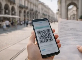 Green Pass в Италии: что это было, нужен ли в 2025 и как получить справку с QR-кодом Green Pass в Италии 2025: справка о вакцинации и QR-код в руках человек держит смартфон с размытым QR-кодом и бумажной справкой без читаемого текста, на фоне Турина, дневной свет.