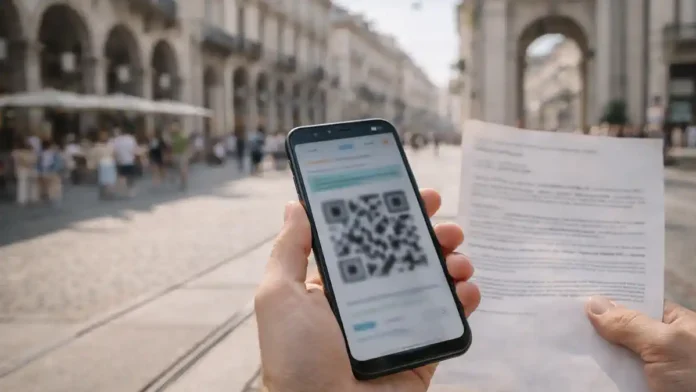 Green Pass в Италии 2025: справка о вакцинации и QR-код в руках человек держит смартфон с размытым QR-кодом и бумажной справкой без читаемого текста, на фоне Турина, дневной свет.