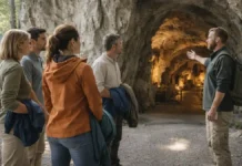 Гроты и пещеры Италии: где посмотреть, как попасть и какие правила безопасности важно знать Гроты и пещеры Италии - где посмотреть и как попасть Вход в красивую пещеру в Италии, дневной свет, группа туристов с гидом у начала маршрута, атмосфера путешествия без толпы