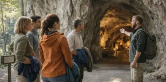 Гроты и пещеры Италии: где посмотреть, как попасть и какие правила безопасности важно знать Гроты и пещеры Италии - где посмотреть и как попасть Вход в красивую пещеру в Италии, дневной свет, группа туристов с гидом у начала маршрута, атмосфера путешествия без толпы