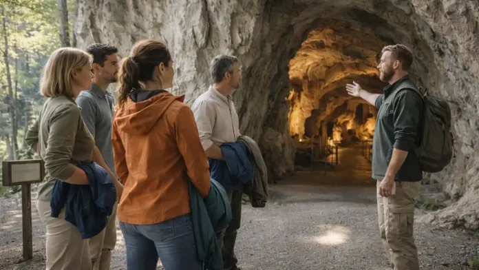 Гроты и пещеры Италии - где посмотреть и как попасть Вход в красивую пещеру в Италии, дневной свет, группа туристов с гидом у начала маршрута, атмосфера путешествия без толпы
