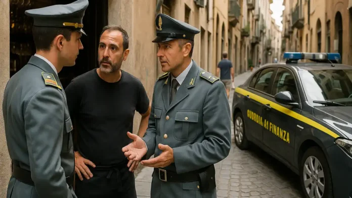 guardia-di-finanza-italia-patrul Патруль финансовой гвардии Италии возле служебного автомобиля Описание изображения: Офицеры Guardia di Finanza общаются с предпринимателем на улице итальянского города, служебный автомобиль стоит рядом.