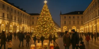 Иммаколата и елка в Италии: почему 8 декабря вся страна наряжает дом к Рождеству Елка и рождественские огни на площади в итальянском городе вечером 8 декабря Вечерняя площадь итальянского города, в центре большая рождественская елка с огнями, вокруг прогуливаются семьи с детьми, на заднем плане подсвеченные фасады исторических зданий, мягкий теплый свет, атмосфера начала рождественских праздников, без логотипов и текста.
