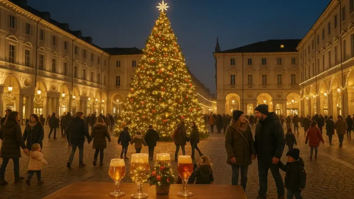 immacolata-elka-italia Елка и рождественские огни на площади в итальянском городе вечером 8 декабря Вечерняя площадь итальянского города, в центре большая рождественская елка с огнями, вокруг прогуливаются семьи с детьми, на заднем плане подсвеченные фасады исторических зданий, мягкий теплый свет, атмосфера начала рождественских праздников, без логотипов и текста.
