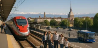 Как добраться до Турина Италия: самолётом, поездом, автобусом и на машине Как добраться до Турина - аэропорт, поезда, автобусы и автострады Италии вид на Турин с поездом, автобусом и автомобилями на фоне Альп, символизирующими все способы добраться в город