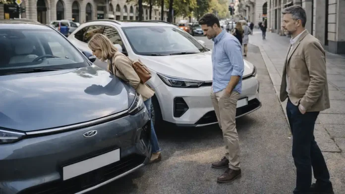 kitayskie-avto-italiya Китайские автомобили на рынке Италии: электромобили и кроссоверы Современные китайские автомобили на городской улице в Италии, без логотипов и текста, ощущение нового рынка и конкуренции