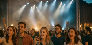 Концерты в Италии 2026: афиша, где смотреть расписание, билеты и лайфхаки Концерты в Италии - сцена, огни и публика в вечернем городе Атмосферное широкоформатное фото концерта в Италии, без текста и логотипов, подходит для хаба афиши