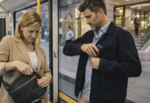 Кражи в транспорте Турина: как не остаться без телефона и кошелька Кражи в транспорте Турина - как защитить телефон и кошелек Пассажиры в трамвае или метро Турина, акцент на аккуратной сумке спереди и осознанной позе