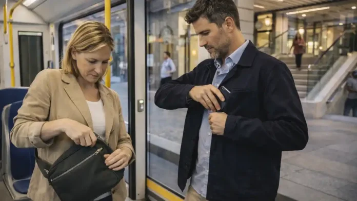 Кражи в транспорте Турина - как защитить телефон и кошелек Пассажиры в трамвае или метро Турина, акцент на аккуратной сумке спереди и осознанной позе