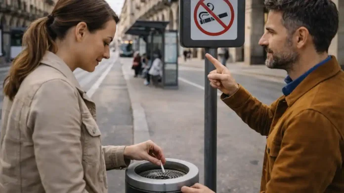 Курение в Италии - правила и запреты в Милане и Турине Консультация по правилам курения в Италии: карта города, остановка транспорта, спокойная улица без вывесок.