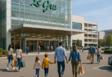 Торговый центр Le Gru в Турине 2026 — новая станция, кинотеатр и шопинг будущего Современный торговый центр Le Gru в Грульяско рядом с Турином - вид на вход и парковку