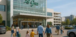 Торговый центр Le Gru в Турине 2026 — новая станция, кинотеатр и шопинг будущего Современный торговый центр Le Gru в Грульяско рядом с Турином - вид на вход и парковку