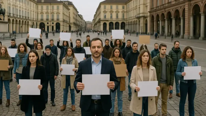 Манифестация в центре Турина: люди с плакатами на площади, мирная акция