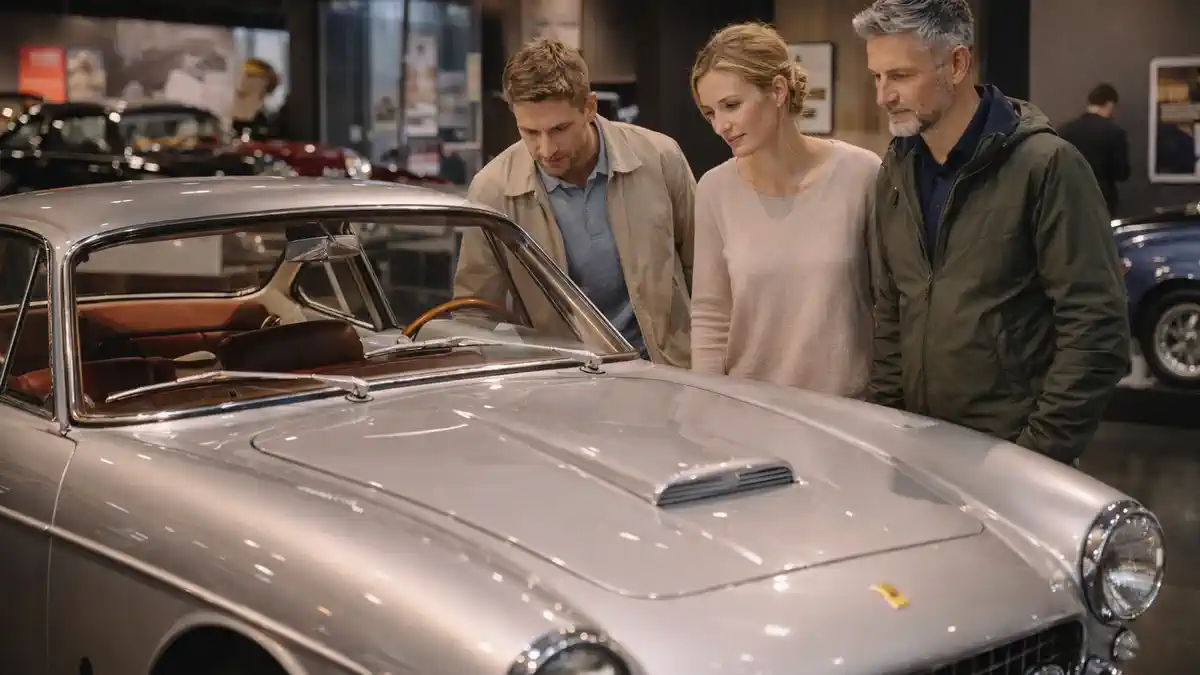 классический автомобиль на переднем плане, посетители рассматривают экспонат, современный свет, атмосфера музея